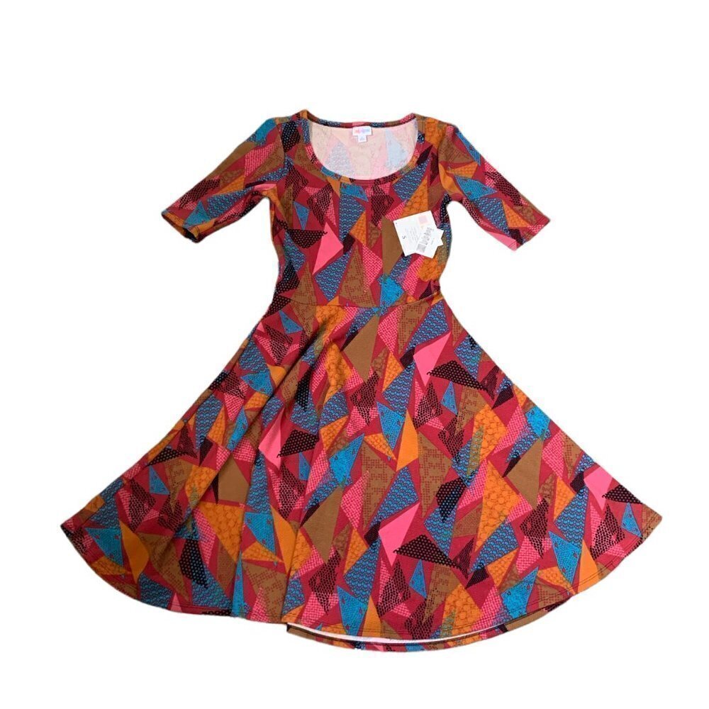 NWT Lularoe Nicole Colorful Fit-and-Flare Classic Dress Sz S Geometric Print 31E - Picture 2 of 8